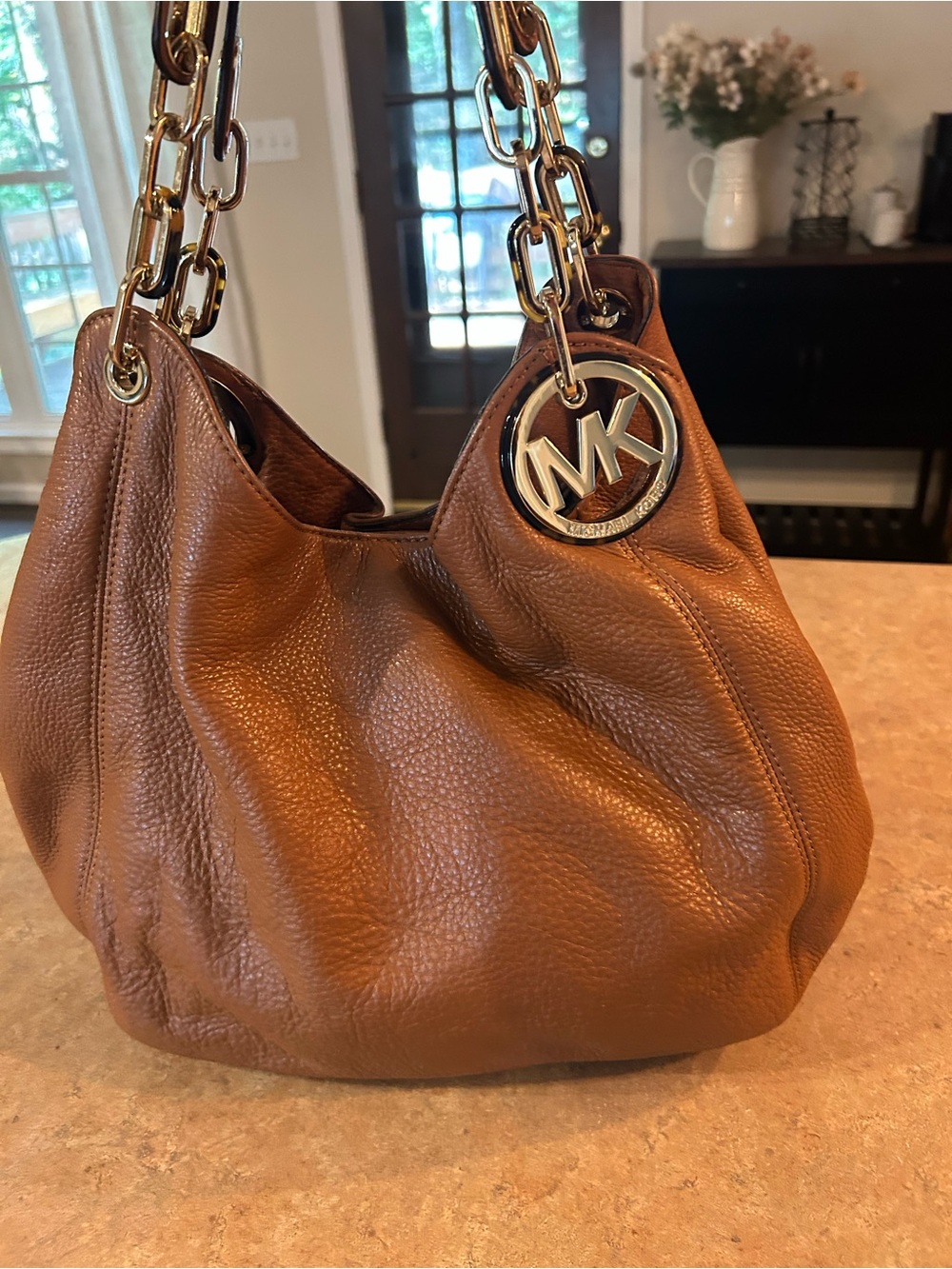 Michael Kors Cognac Pebbled Leather Shoulder Bag with Gold MK Charm